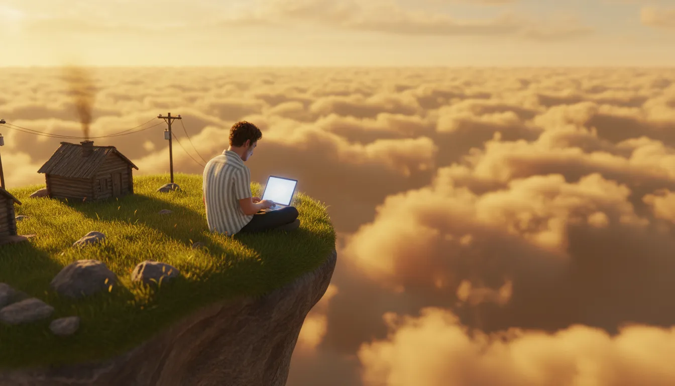 La scène RIA2D : le fondateur, l'écran des studios, la cabane de la méthode et l'horizon.